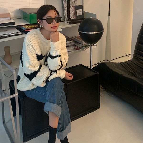 sweater 2021 autumn winter black and white zebra pattern outer wear loose knitted long-sleeved women aog4, White;black
sweater 2021 autumn winter black and white zebra pattern outer wear loose knitted long-sleeved women aog4, White;black