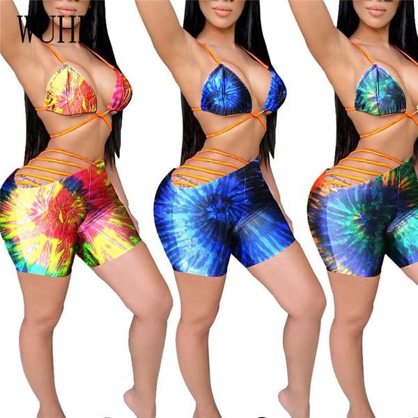 women's swimwear yeya swimsuits 3 piece sets tie dye print halter bra+panties+hollow out bandage short pants bikini beach holiday suits, White;black
women's swimwear yeya swimsuits 3 piece sets tie dye print halter bra+panties+hollow out bandage short pants bikini beach holiday suits, White;black