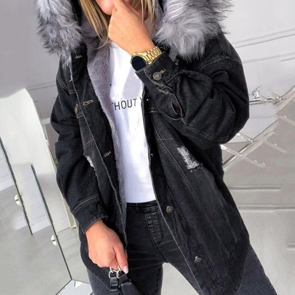 women's fur & faux denim jacket women with winter coat hooded casual female oversized jean jackets fashion warm thick autumn outwear, Black
women's fur & faux denim jacket women with winter coat hooded casual female oversized jean jackets fashion warm thick autumn outwear, Black