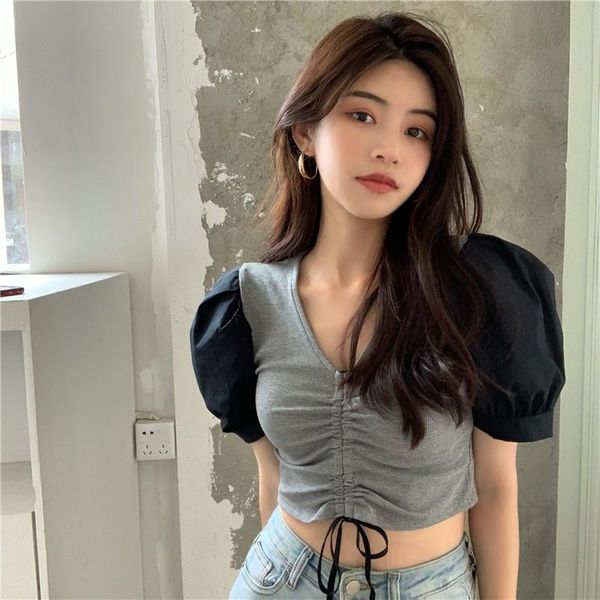 women's t-shirt summer korean style stitching slim drawstring lace short section puff sleeve women, White
women's t-shirt summer korean style stitching slim drawstring lace short section puff sleeve women, White