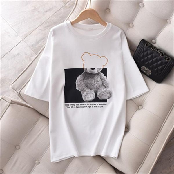 bear cartoon print short sleeve women's t-shirt for summer 2021 korean version loose round collar top, White
bear cartoon print short sleeve women's t-shirt for summer 2021 korean version loose round collar top, White
