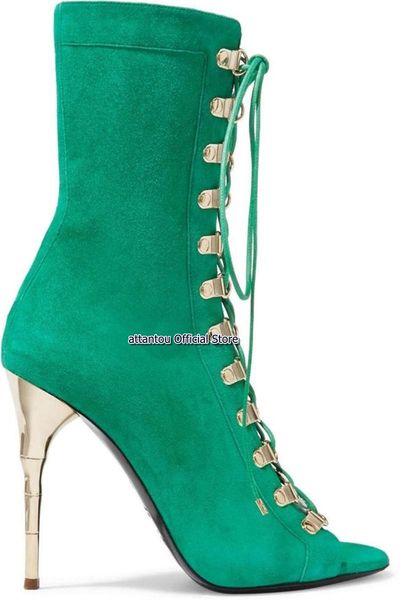boots green black suede leather peep lace up abnormal heeled ankle women gold high heel short show shoes plus size 43