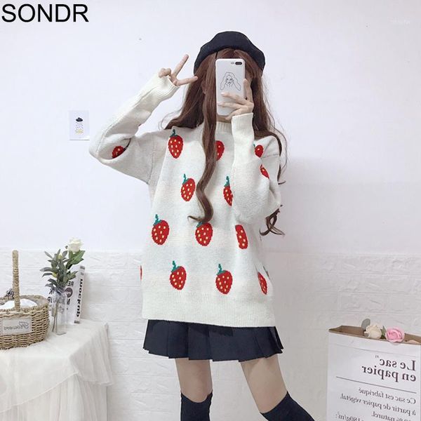 japanese cute strawberry print knitting sweater women 2021 autumn winter korea loose thick pullover kawaii soft girl women's sweaters, White;black
japanese cute strawberry print knitting sweater women 2021 autumn winter korea loose thick pullover kawaii soft girl women's sweaters, White;black