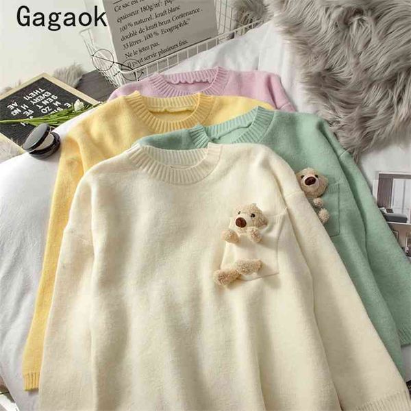 women sweet korean knitted sweaters spring autumn o-neck full pocket loose cartoon cute wild fashion pullovers 210531, White;black
women sweet korean knitted sweaters spring autumn o-neck full pocket loose cartoon cute wild fashion pullovers 210531, White;black