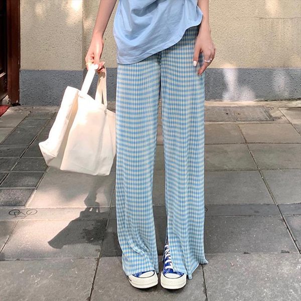 vintage blue plaid slit women pants high waist draping thin loose chic fashion all match straight pleated casual mopping, Black;white
vintage blue plaid slit women pants high waist draping thin loose chic fashion all match straight pleated casual mopping, Black;white
