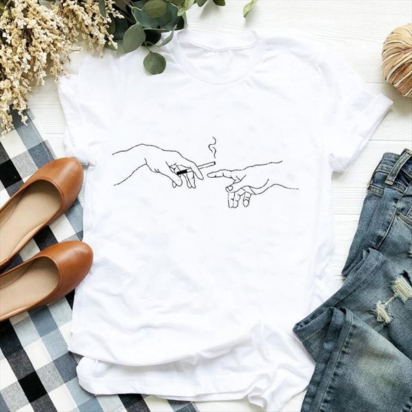 funny aesthetic hand printed womens short sleeve tee clothes graphic, White 
funny aesthetic hand printed womens short sleeve tee clothes graphic, White