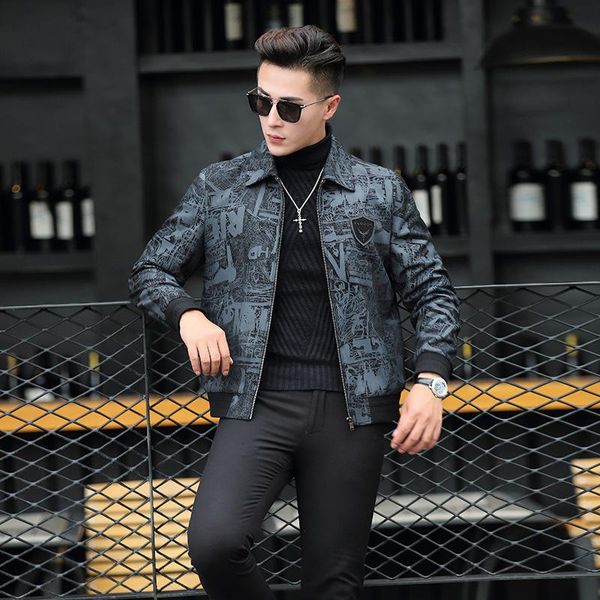 men's leather & faux spring and autumn sheepskin lapel cloud print printed jacket, Black
men's leather & faux spring and autumn sheepskin lapel cloud print printed jacket, Black