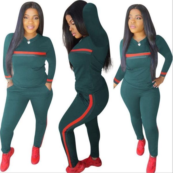 

stripe 2 set piece women tracksuits v neck long pants pockets club suits overalls outfit, Gray