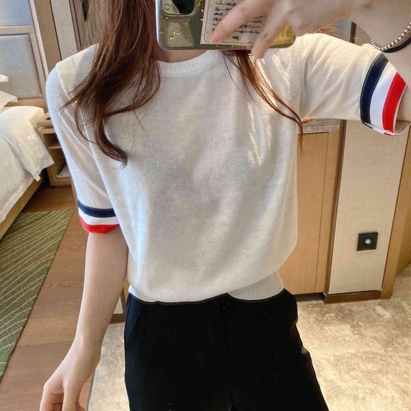 21tb new spring summer color bar cuff webbing sweater short sleeve men's and women's slim casual round neck t-shirt fashion, White
21tb new spring summer color bar cuff webbing sweater short sleeve men's and women's slim casual round neck t-shirt fashion, White