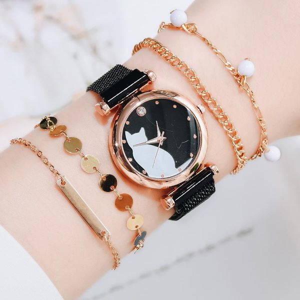 wristwatches 5pcs/set women watches rose gold bracelet set cat pattern black magnet watch ladies wrist luxury quartz clock, Slivery;brown
wristwatches 5pcs/set women watches rose gold bracelet set cat pattern black magnet watch ladies wrist luxury quartz clock, Slivery;brown