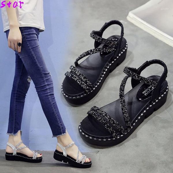 summer roman ladies sandals open toe thick-soled increased women's shoes flat casual beach vacation1, Black