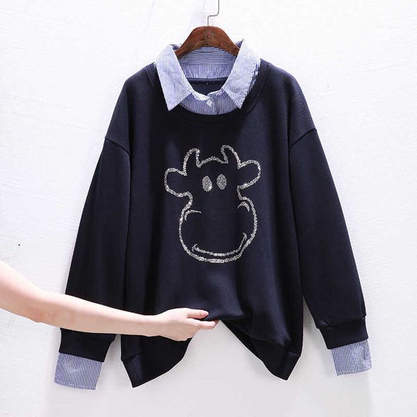 women's sweater korean fashion splicing fake two casual mother's 2021 spring and autumn new loose pullover coat, Black 
women's sweater korean fashion splicing fake two casual mother's 2021 spring and autumn new loose pullover coat, Black