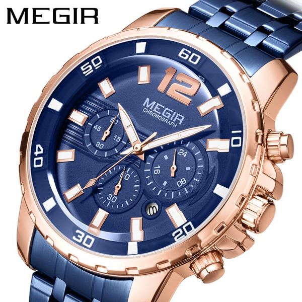 

wristwatches megir men's chronograph quartz watches blue stainless steel analogue wristwatch for man 24-hour display waterproof luminou, Slivery;brown