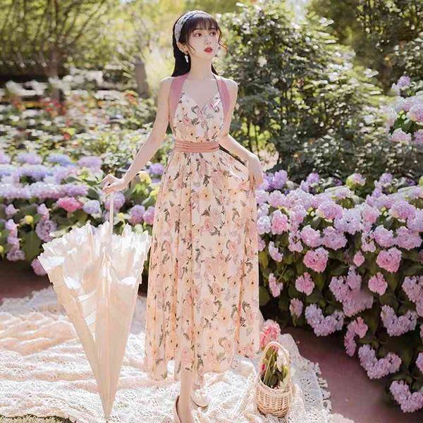 summer casual sleeveless chiffon women floral dress halter a-line maxi dresses sashes empire fashion female robe vestidos 210521, Black;gray
summer casual sleeveless chiffon women floral dress halter a-line maxi dresses sashes empire fashion female robe vestidos 210521, Black;gray