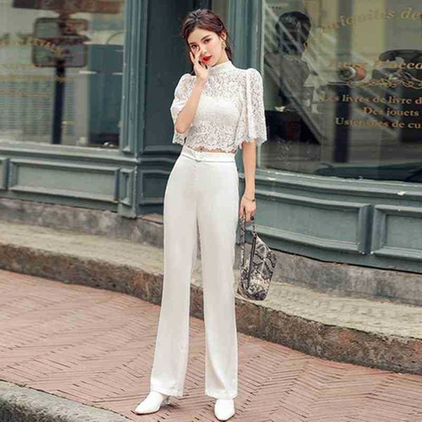 fashion autumn formal women 2 piece set lace bow tie half sleeve blouse + white ol high waist wide leg pant suits 210525
fashion autumn formal women 2 piece set lace bow tie half sleeve blouse + white ol high waist wide leg pant suits 210525
