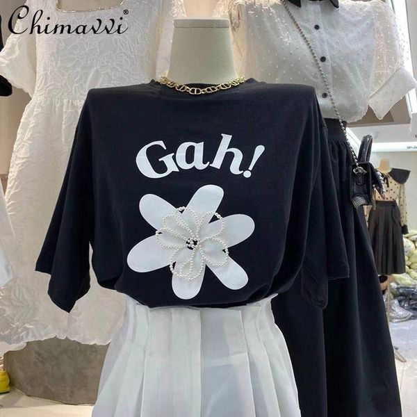 women's t-shirt casual spring fashion women loose slimming letters beaded flower short-sleeved all-match simple cotton, White
women's t-shirt casual spring fashion women loose slimming letters beaded flower short-sleeved all-match simple cotton, White