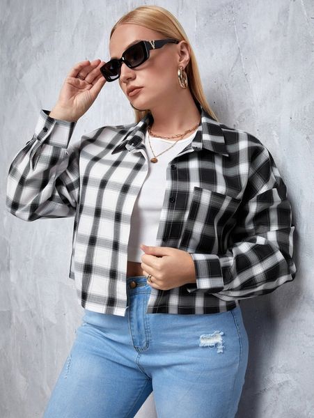 plus plaid print colorblock drop shoulder blouse h16k#, Black
plus plaid print colorblock drop shoulder blouse h16k#, Black
