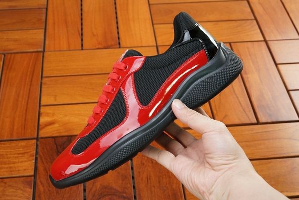 men luxury america's cup design sneakers patent leather nylon luxy casual shoes, Black;red