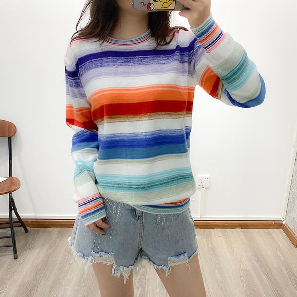 sweater 2021 versatile rainbow striped casual loose knitted pullover 6u3i, White;black
sweater 2021 versatile rainbow striped casual loose knitted pullover 6u3i, White;black