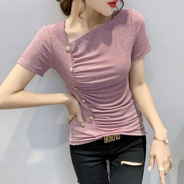 women's t-shirt summer slim-fit t shirt women 2021 short sleeve bright silk woman tshirt ruched bodycon buttons tees female, White
women's t-shirt summer slim-fit t shirt women 2021 short sleeve bright silk woman tshirt ruched bodycon buttons tees female, White