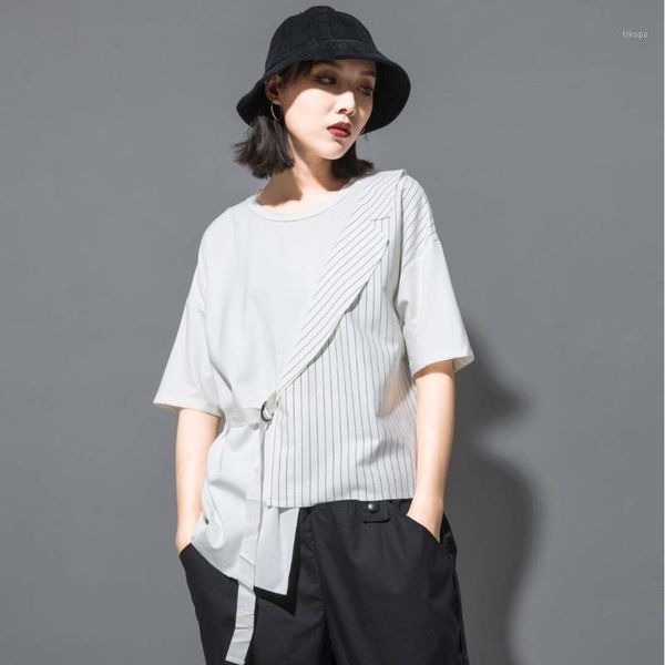women's t-shirt johnature casual fashion patchwork striped bandage women 2021 summer all match o-neck short sleeve irregular t-shirts1, White
women's t-shirt johnature casual fashion patchwork striped bandage women 2021 summer all match o-neck short sleeve irregular t-shirts1, White