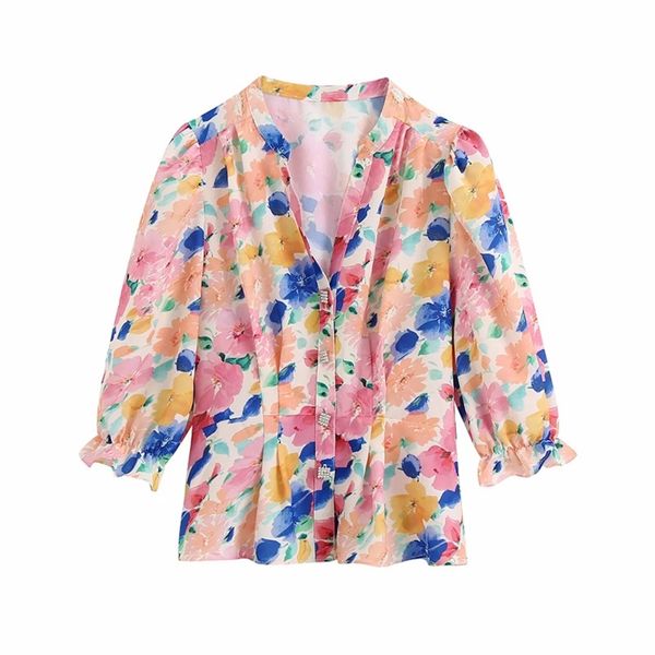 women vintage with jewel button floral printed blouses fashion three quarter sleeve ruffled elastic trim v neck 210519, White
women vintage with jewel button floral printed blouses fashion three quarter sleeve ruffled elastic trim v neck 210519, White