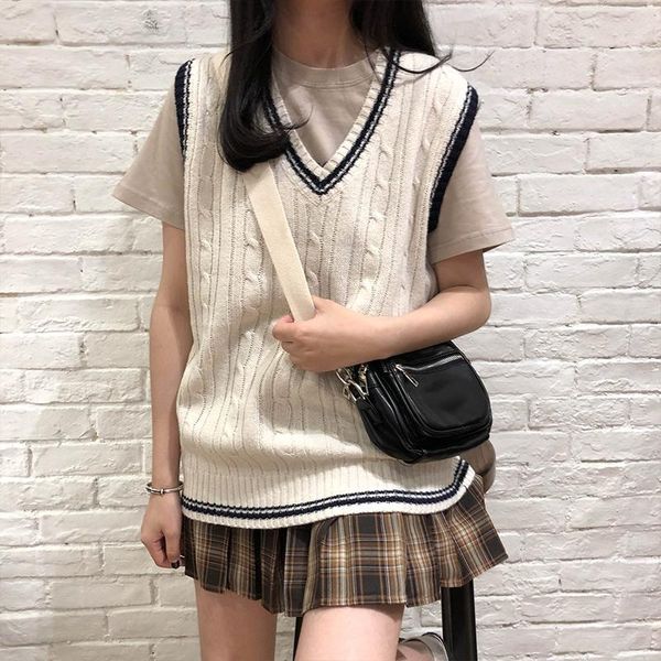 women vests sweater simple all-match patchwork preppy style v-neck knitted sleeveless vest off the shoulder for women's sweaters, White;black
women vests sweater simple all-match patchwork preppy style v-neck knitted sleeveless vest off the shoulder for women's sweaters, White;black