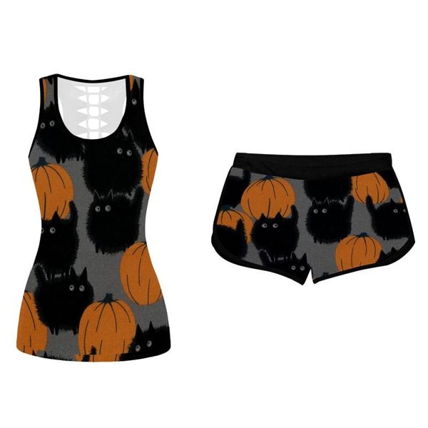 women's tracksuits 2021 ladies halloween pumpkin print tank sleeveless shorts pants sports two-piece set elastic waist tracksuit, Gray 
women's tracksuits 2021 ladies halloween pumpkin print tank sleeveless shorts pants sports two-piece set elastic waist tracksuit, Gray