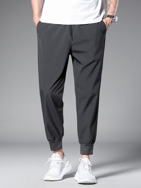 men solid drawstring crop carrot pants a9ei#, Black