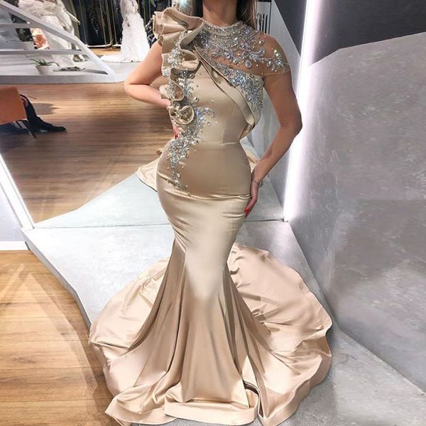 elegant arabic mermaid evening dresses high neck 2022 crystals beaded champagne satin formal occasion gowns ruffles peplum celebrity prom pa