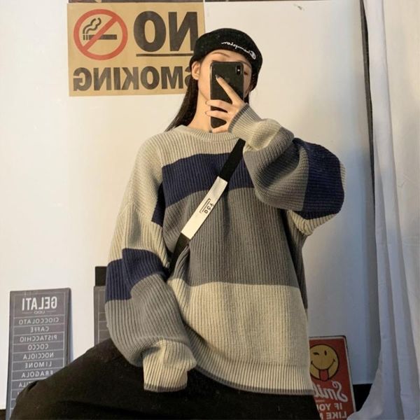 men's sweaters winter thick striped color-blocking sweater korean loose knit, White;black
men's sweaters winter thick striped color-blocking sweater korean loose knit, White;black