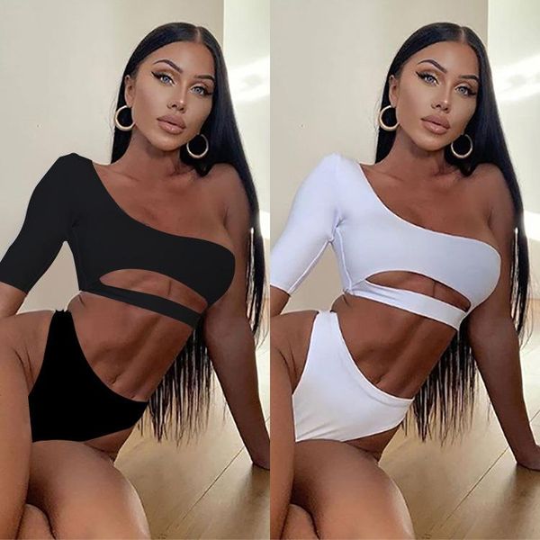 women's swimwear black swimsuit bikini female solid color white one shoulder printed hollow out design fashion casual two piece 2021, White;black
women's swimwear black swimsuit bikini female solid color white one shoulder printed hollow out design fashion casual two piece 2021, White;black