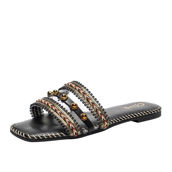women fashion ethnic style slippers 2021 summe rivet mixed colors outside slides woman casual flat, Black
women fashion ethnic style slippers 2021 summe rivet mixed colors outside slides woman casual flat, Black