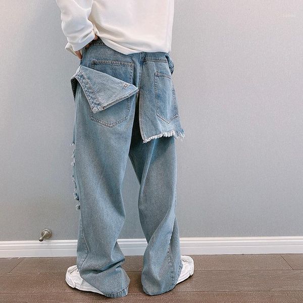 men's light blue denim straight loose jeans pants holes stylish style patchwork fake double layer trousers
men's light blue denim straight loose jeans pants holes stylish style patchwork fake double layer trousers