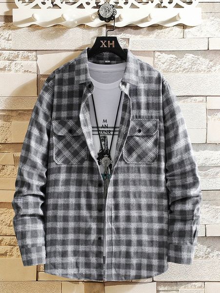 men plaid flap pocket shirt without tee h83a#, White;black 
men plaid flap pocket shirt without tee h83a#, White;black