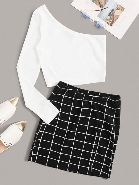 one shoulder rib-knit tee and split grid skirt set q7fl#, White
one shoulder rib-knit tee and split grid skirt set q7fl#, White