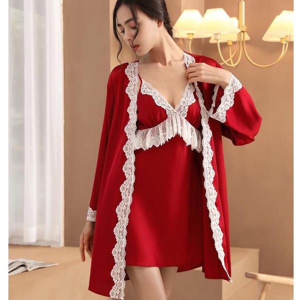 women's sleepwear bride wedding casual robe set 2pcs satin lace kimono gown ice silk strap nightie summer women thin bathrobe v-neck ca, Black;red
women's sleepwear bride wedding casual robe set 2pcs satin lace kimono gown ice silk strap nightie summer women thin bathrobe v-neck ca, Black;red