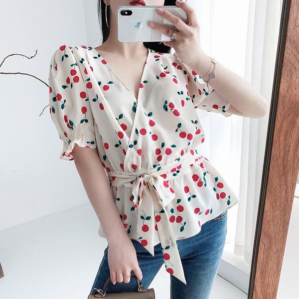 women's blouses & shirts elfstyle women cherry printing short sleeve blouse with waist ties, White
women's blouses & shirts elfstyle women cherry printing short sleeve blouse with waist ties, White