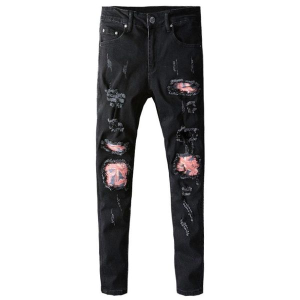 men's jeans ly street fashion men black color elastic slim fit ripped destroyed patches designer hip hop denim punk pants, Blue
men's jeans ly street fashion men black color elastic slim fit ripped destroyed patches designer hip hop denim punk pants, Blue