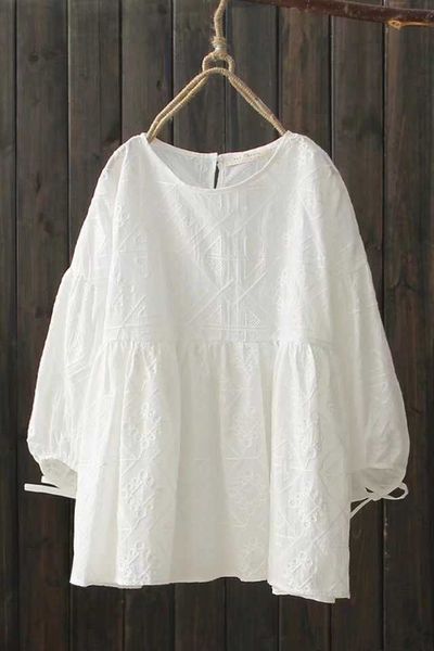 spring summer embroidery loose nine quarter o neck shirt plus size cotton puff sleeve blouse women 210615, White