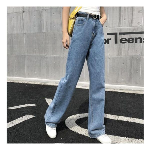 women's jeans 2021 ladies wide leg pants retro high waist mopping casual loose straight, Blue
