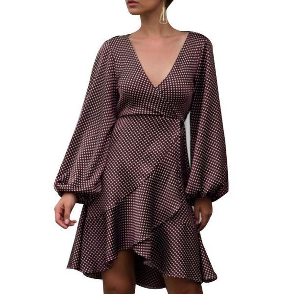 casual dresses ly women dress polka dot irregular ruffled v-neck long sleeve summer party vk-ing, Black;gray