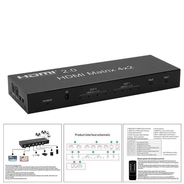 -compatible matrix splitter, 4 inputs and 2 outputs 4k@60hz hd switcher that supports remote wake-up alarm systems
-compatible matrix splitter, 4 inputs and 2 outputs 4k@60hz hd switcher that supports remote wake-up alarm systems