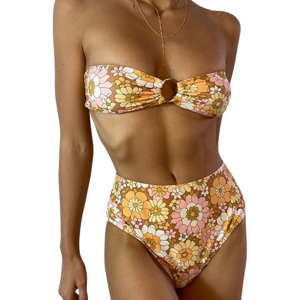 women's swimwear two piece fashion strapless broken floral chest hollow bikini suits bandage tube stretch high waist thong, White;black
women's swimwear two piece fashion strapless broken floral chest hollow bikini suits bandage tube stretch high waist thong, White;black