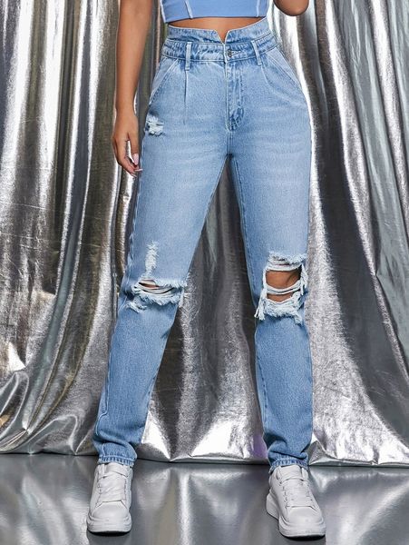 high waist ripped detail jeans s2f2#, Blue
high waist ripped detail jeans s2f2#, Blue