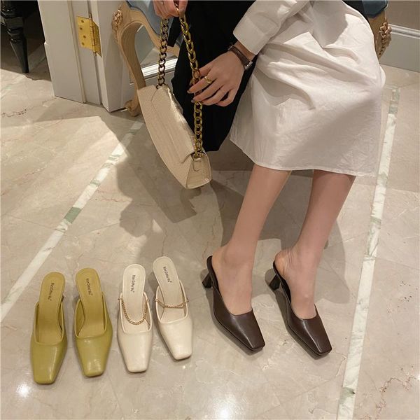 women's shoes fashion soft leather cool drag chain square head wear muller high heel slippers, Black
women's shoes fashion soft leather cool drag chain square head wear muller high heel slippers, Black
