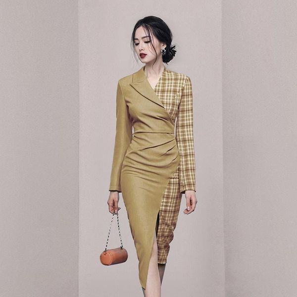 casual dresses spring and autumn women's v-neck long sleeve plaid high-waist slim-fit slit package hip pencil dress, Black;gray