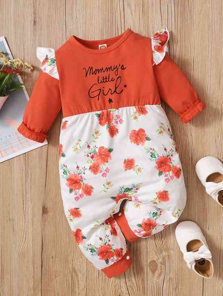 baby letter & floral print ruffle trim jumpsuit she, Blue