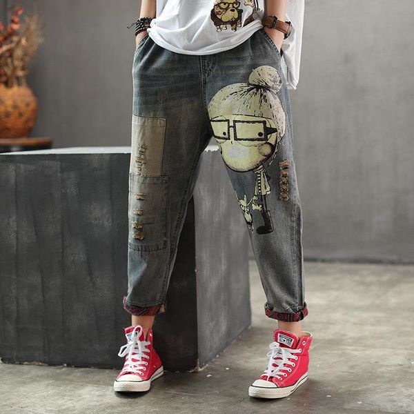 women's jeans spring autumn fashion brand vintage cartoon dog little girl print denim female casual frayed harem pants trousers women, Blue
women's jeans spring autumn fashion brand vintage cartoon dog little girl print denim female casual frayed harem pants trousers women, Blue