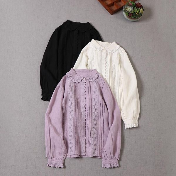 women's blouses & shirts lace collar hollow-out embroidered linen shirt long sleeve blouse autumn top, White
women's blouses & shirts lace collar hollow-out embroidered linen shirt long sleeve blouse autumn top, White